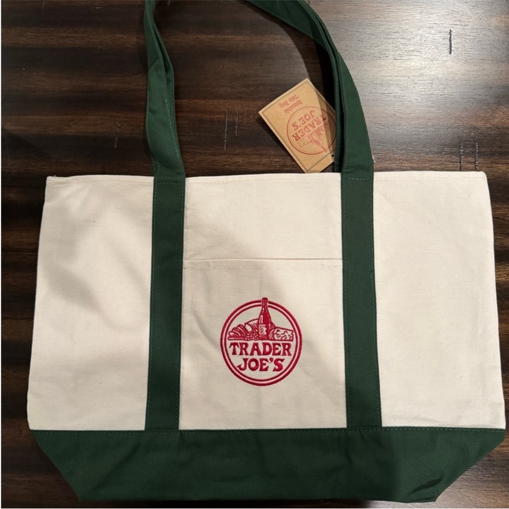 Trader Joe's Green and Cream Tote Bag